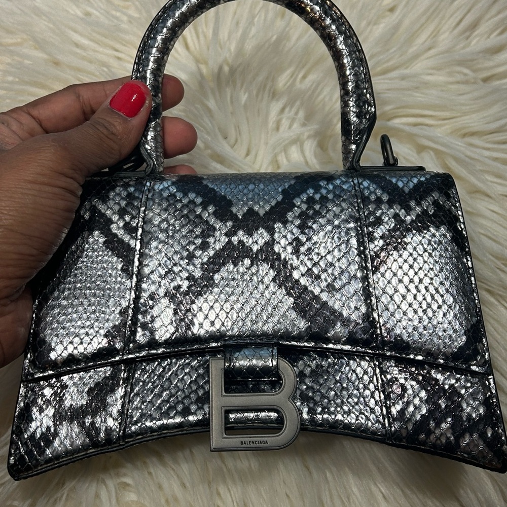 Hourglass XS Black Snake Print Handbag
